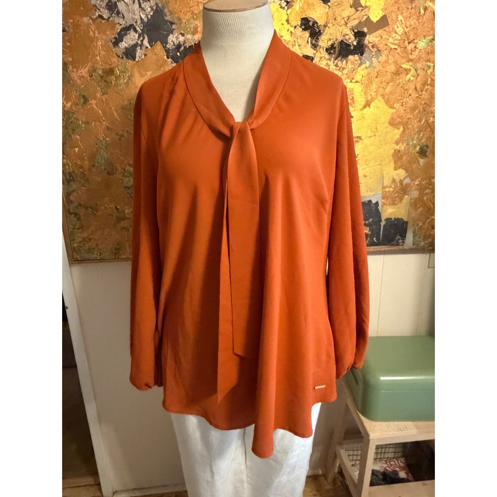 Anne Klein Womens 2X Burnt Orange Tie Neck Long Sleeve Blouse Top
